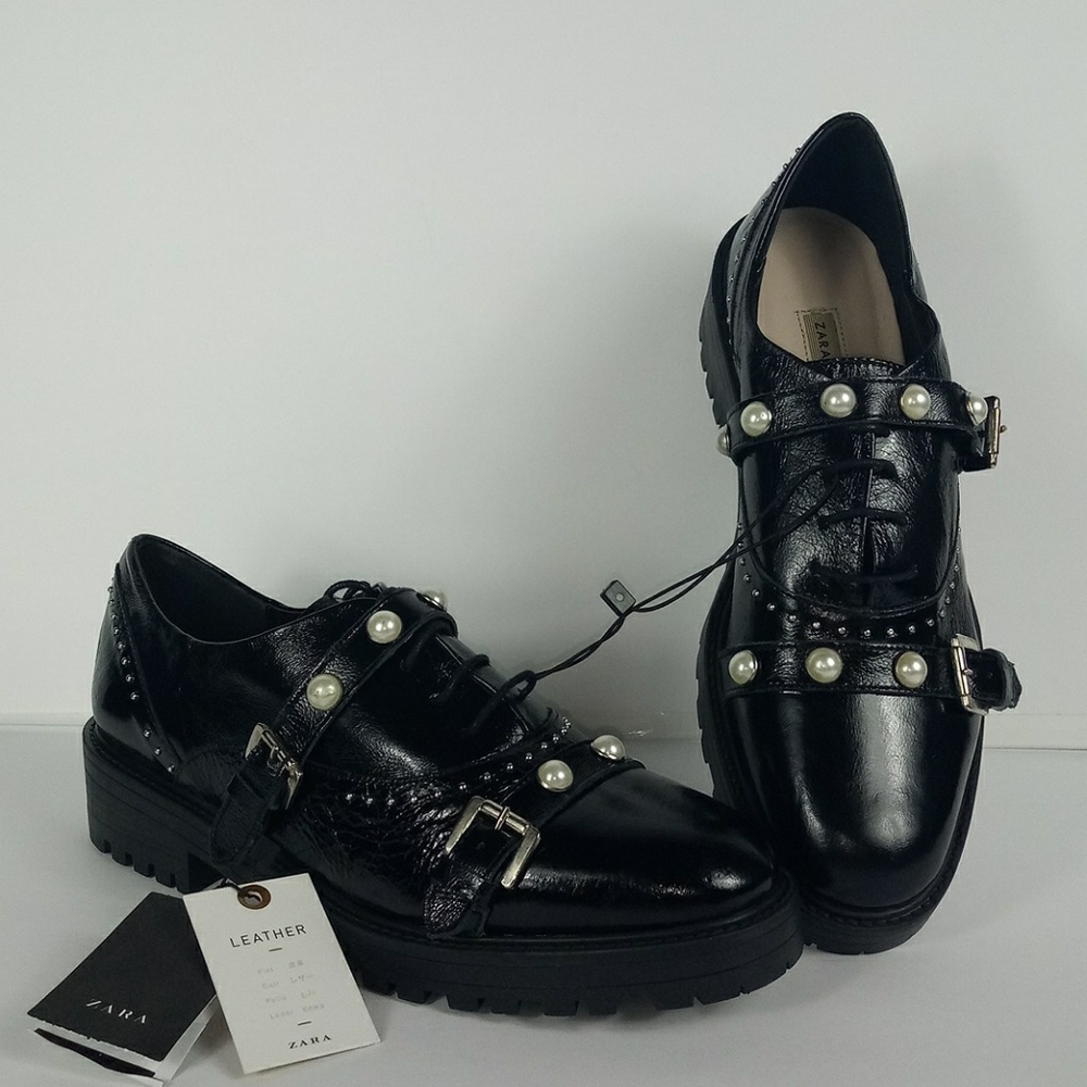 Zara Black Leather Flats with Pearl Accents